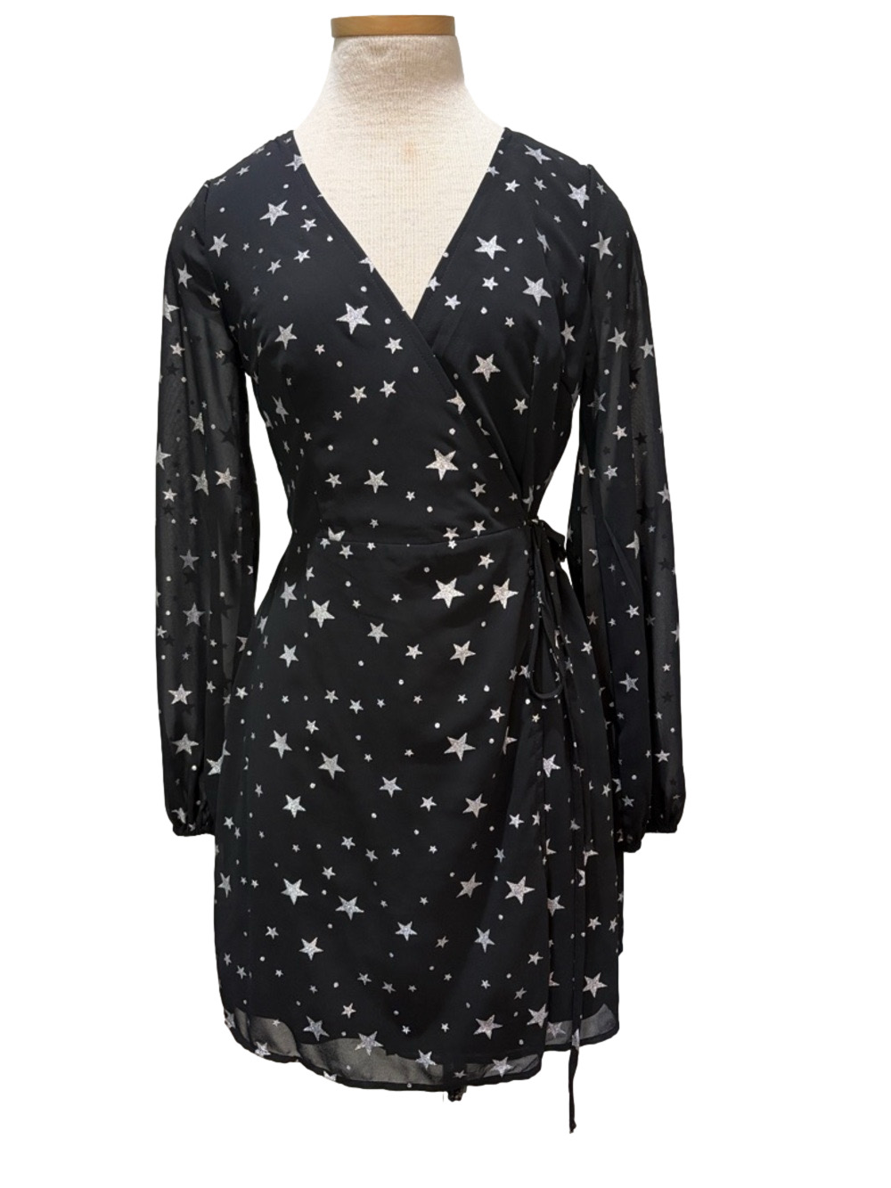Nasty Gal sz 4 Enchanted Star black with silver stars wrap dress NWT